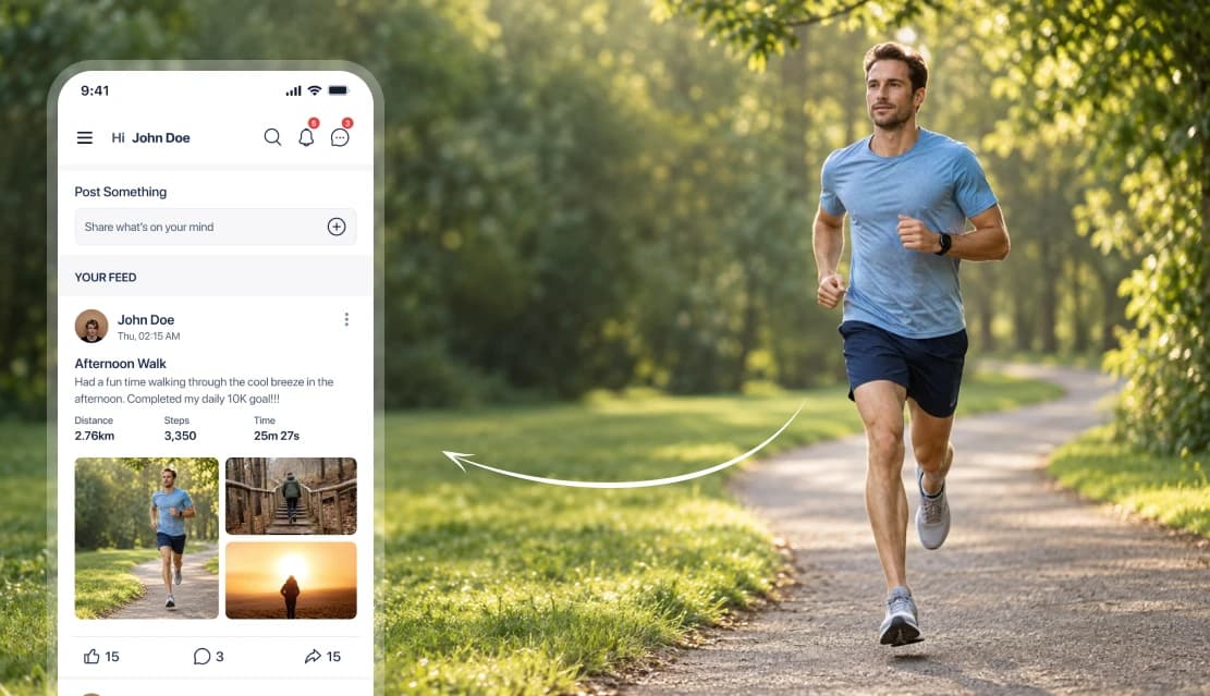 A runner on a sunlit, tree-lined path beside the MyFitnessCoach community feed, showing a logged afternoon walk of 2.76 km, 3,350 steps and 25m 27s with photos and reactions.