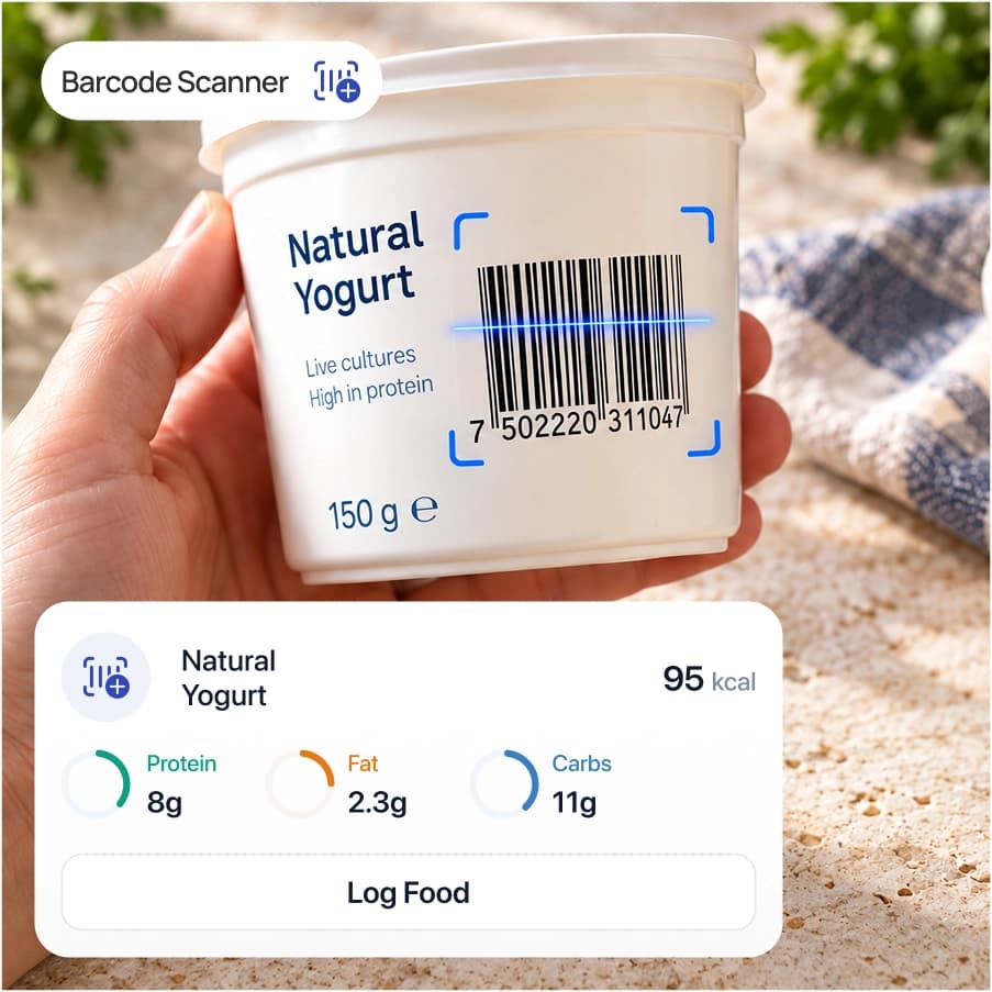 A hand holding a pot of natural yogurt with its barcode framed by the scanner, and the matched nutrition card showing 95 kcal with protein, fat and carbs ready to log.