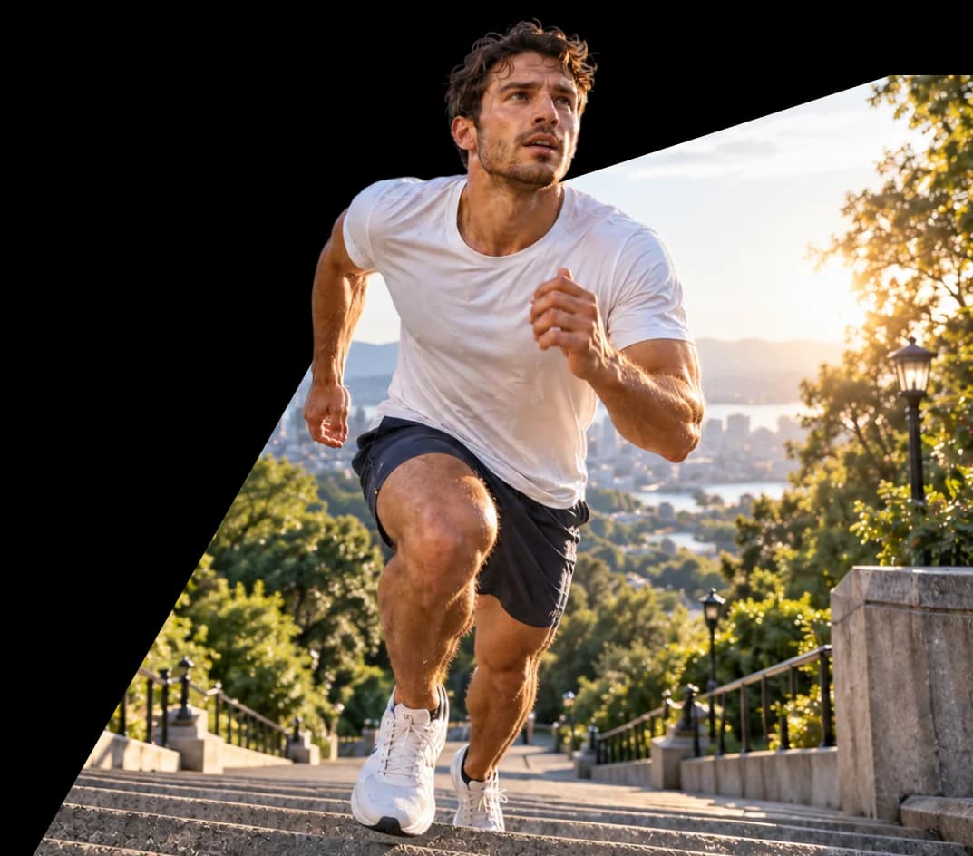 Runner sprinting up a long outdoor staircase above a city at sunrise