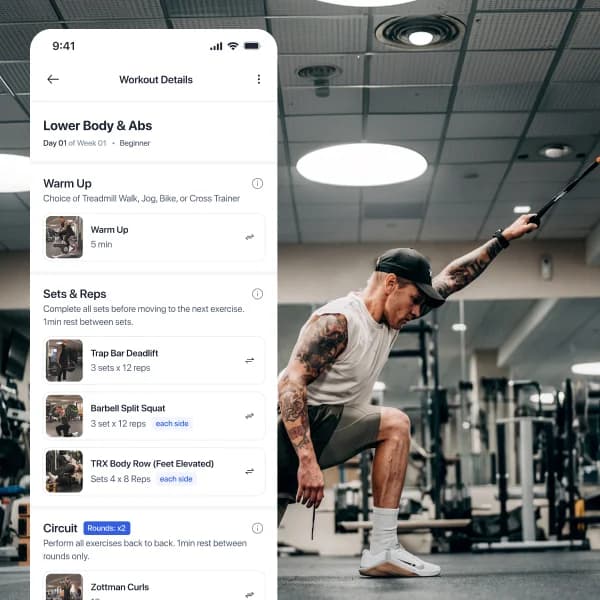 The workout details screen showing a lower body and abs session with its warm up, sets and reps, beside a man training with a cable machine in the gym.