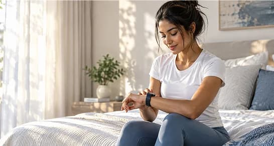 Woman sitting on her bed checking her smartwatch in the morning