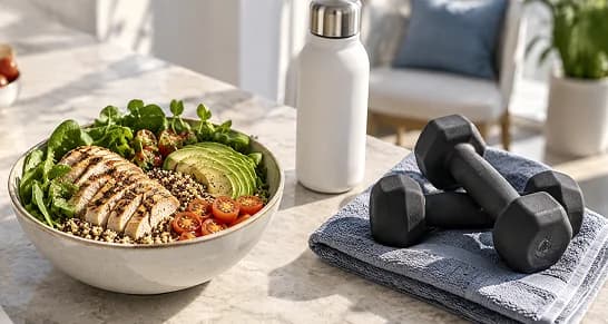A chicken and avocado bowl beside a water bottle and dumbbells