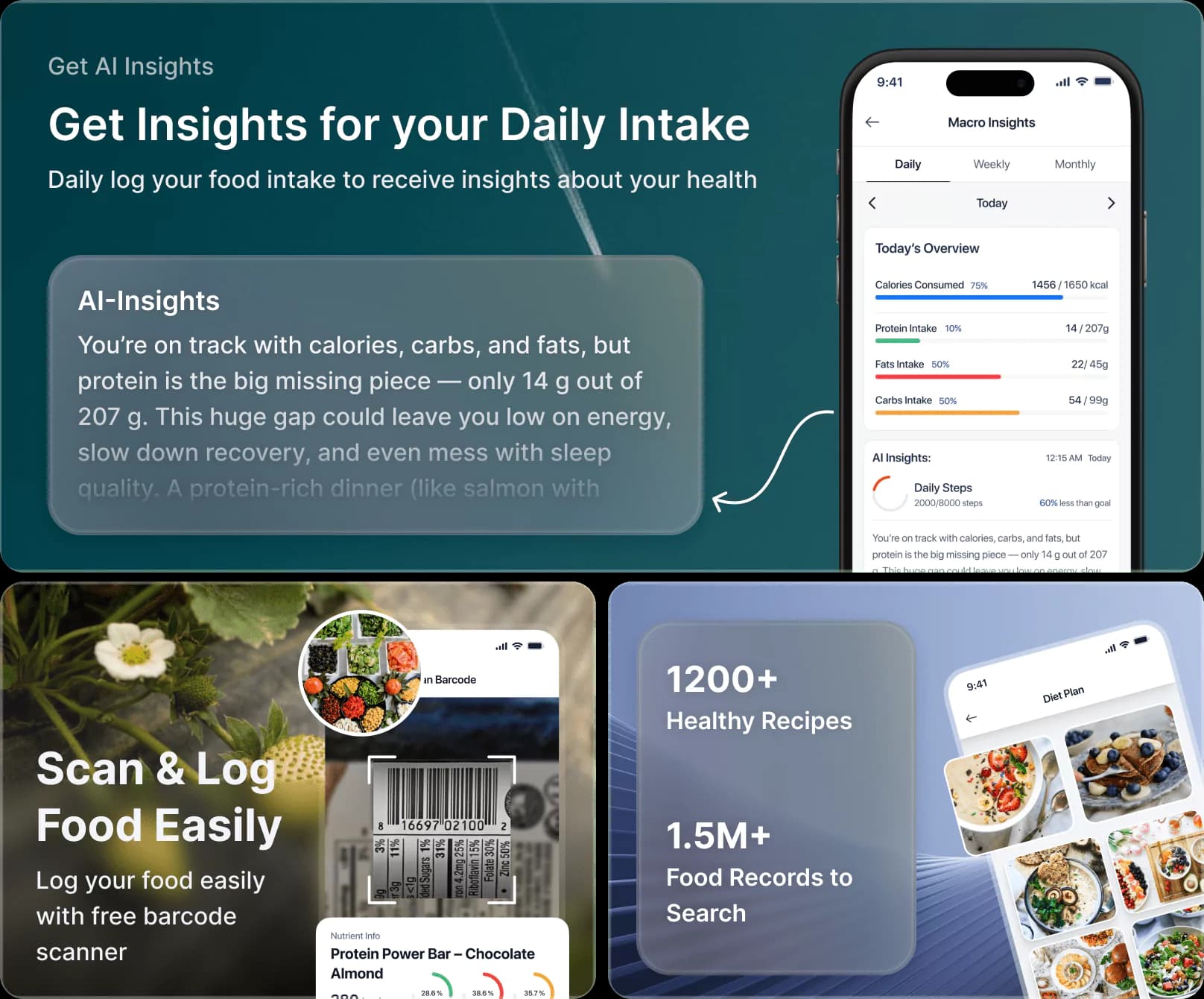 MyFitnessCoach AI insights for diet with barcode scanner and healthy recipes
