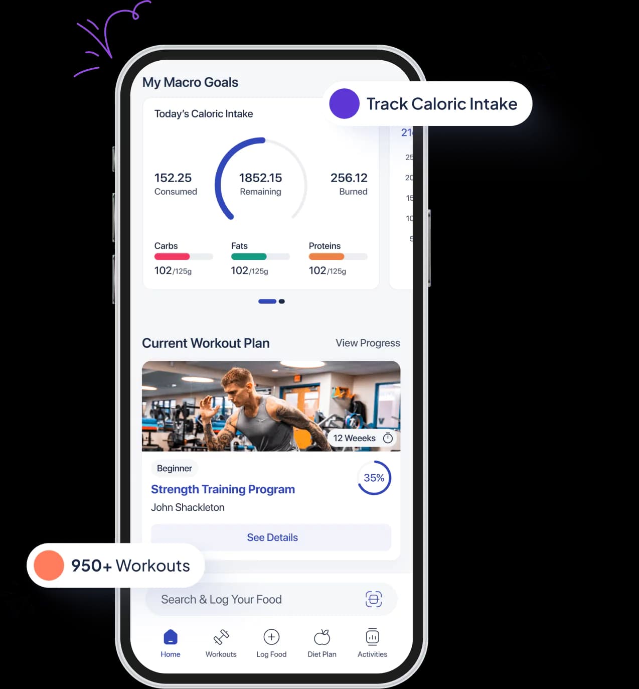 AI fitness app dashboard showing workouts and diet tracking